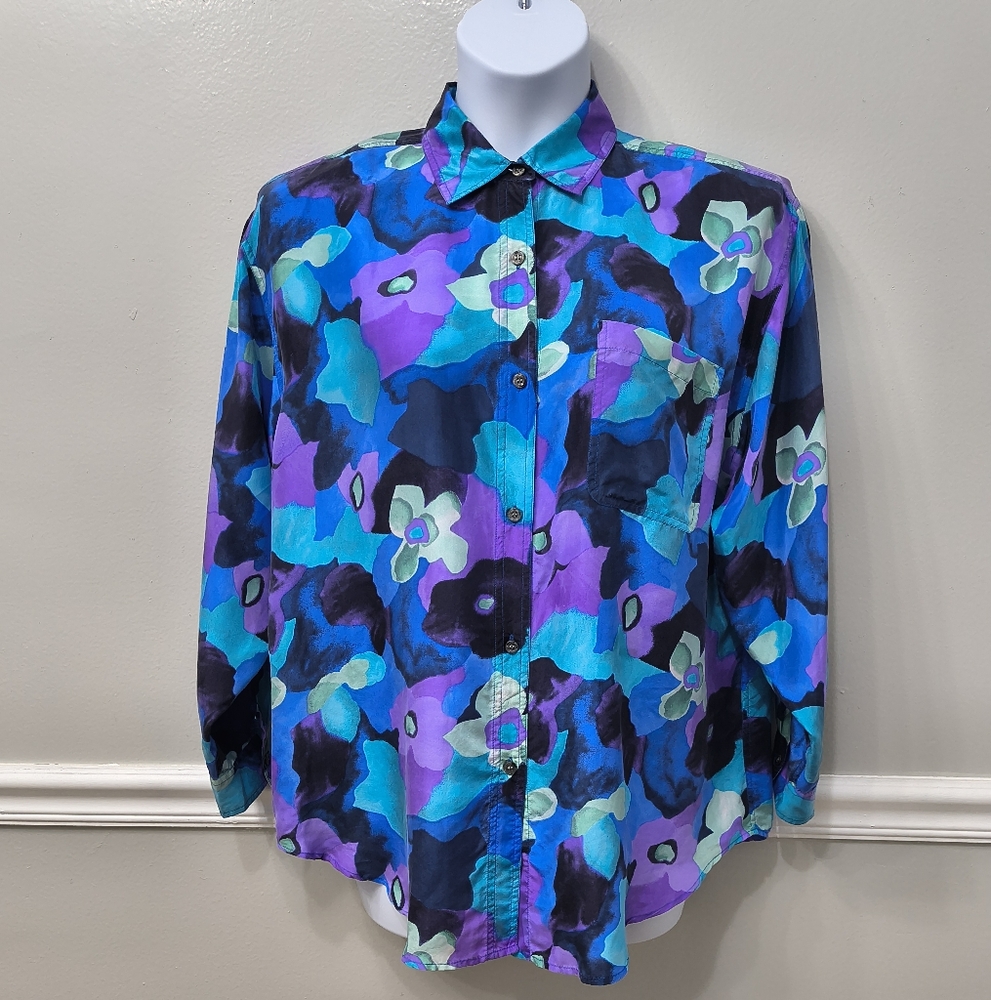 Vintage Kikomo Womans Silk Floral Multicolor  Blouse Large Art To Wear Tiny Flaw